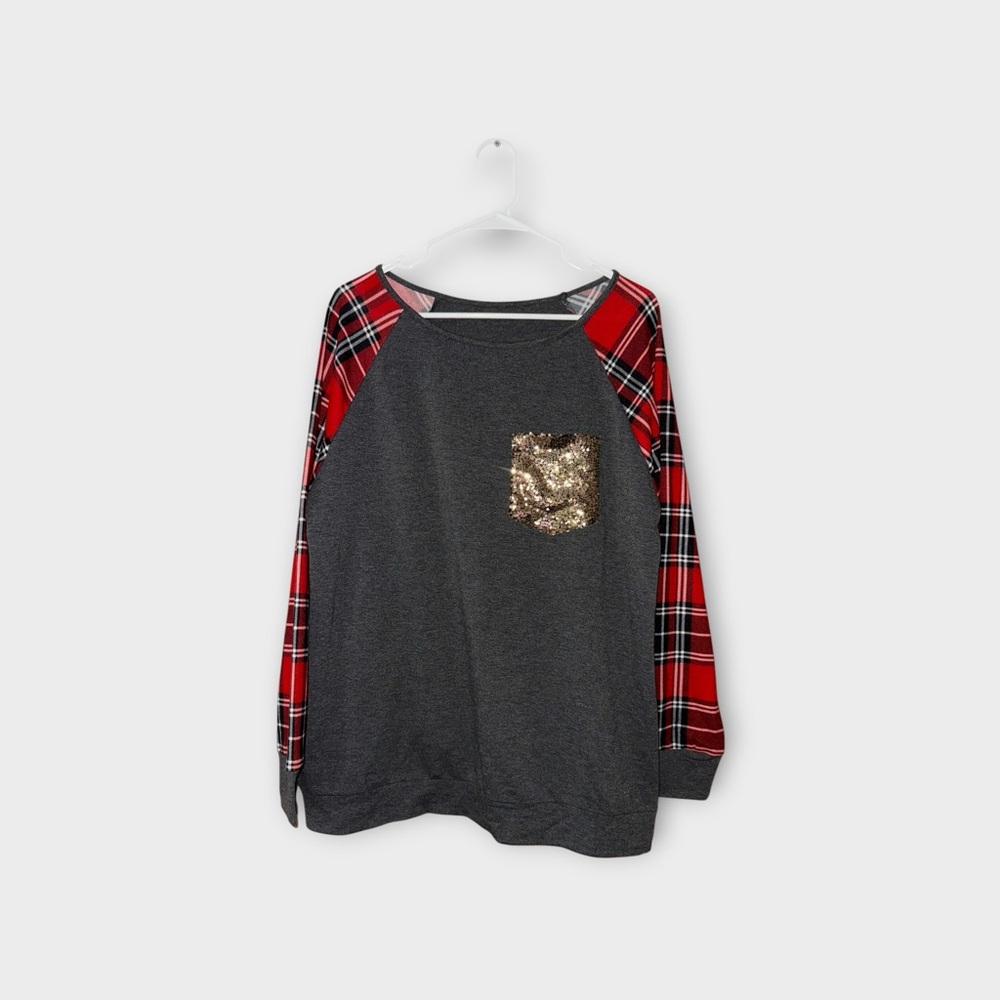 Plaid Sleeve Womens Shirt with Sequin Pocket